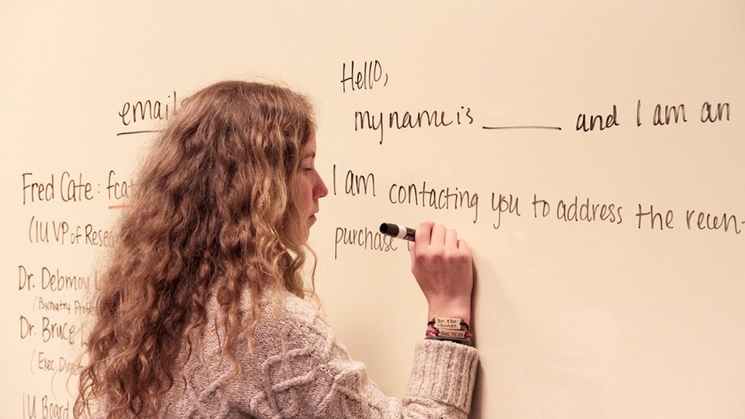 Emily Eherenman the vice president of Students for Life writes down the template of emails the club will be sending off regarding the issue of purchasing aborted baby brains for Alzherimer’s study on Tuesday. The club will be sending emails specifically to Fred Cate, the IU Vice President of Research, Dr. Debmoy Lahiri, a psychiatry professor, Dr. Bruce Lamb, the Executive Director of IU Stark’s Neuroscience Research Institute, and the IU Board of Trustees.