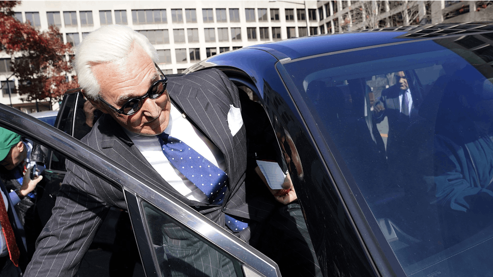 Former adviser to President Donald Trump, Roger Stone, departs Nov. 15, 2019, from the courthouse in Washington, D.C., after being found guilty of obstructing a congressional investigation into Russia&#x27;s interference in the 2016 election.