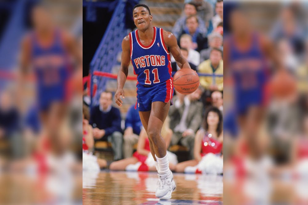 <p>The Detroit Pistons&#x27; Isiah Thomas advances the ball during a game in the 1988-1989 NBA season. Thomas played for IU under head coach Bob Knight from 1979-1981.</p>