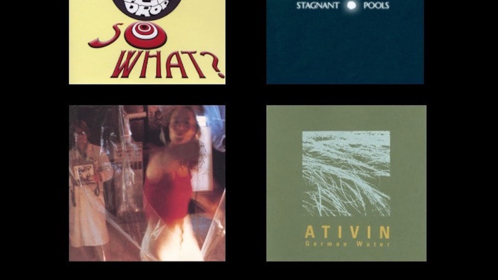 The bands pictured are The Drop (top left), Stagnant Pools (top right), MX-80 (bottom left), and Ativin (bottom right). All of the bands are vintage bands that were based in Bloomington.