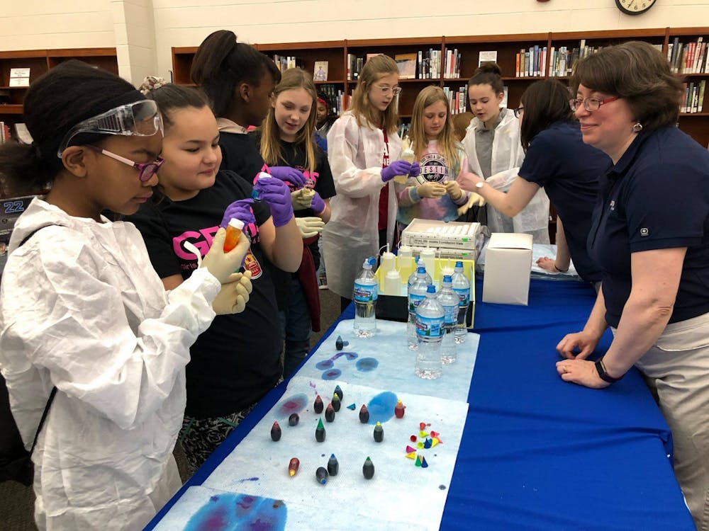 <p>Students participate in the science experiment expo March 23, 2019, during the Monroe County Community School Corporation&#x27;s third annual Girls in Engineering, Math, and Science Conference at Bloomington High School North. About 90 girls and nonbinary students will extract DNA from wheatgrass, meet women in the STEM field and make their own bouncy balls at the 2021 GEMS virtual event Saturday.</p>