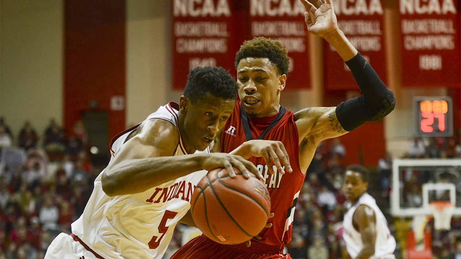 Forward Troy Williams drives to the basket during the game against Austin Peay on Monday at Assembly Hall.