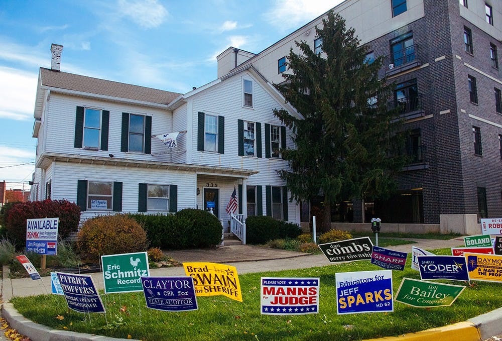 An assortment of signs are on display at the Monroe County Democratic Headquarters in preparation for the Nov. 4 midterm elections. Last week, a Democrat was accused of taking down Republican signs. 