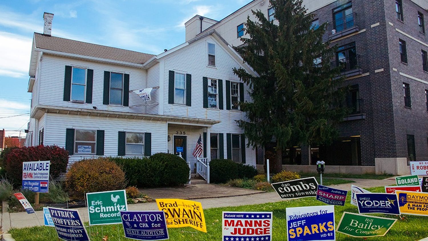 An assortment of signs are on display at the Monroe County Democratic Headquarters in preparation for the Nov. 4 midterm elections. Last week, a Democrat was accused of taking down Republican signs. 