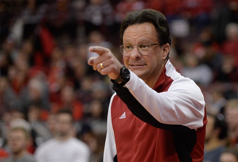 Head coach Tom Crean calls out a play to his players during IU's game against Ohio State Jan. 25, 2015 at Value City Arena in the Jerome Schottenstein Center.