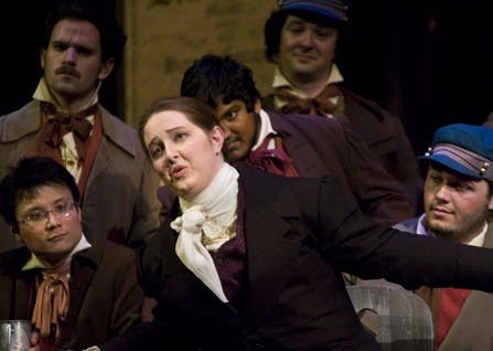 IU graduate student and mezzo-soprano Meghann Vaughn sings as the character "Nicklausse" during a Les Contes d'Hoffmann dress rehearsal Monday at the Musical Arts Center. Les Contes d'Hoffmann opens Friday April 4 at 8 p.m. and continues on April 5, 11 and 12 at 8 p.m.