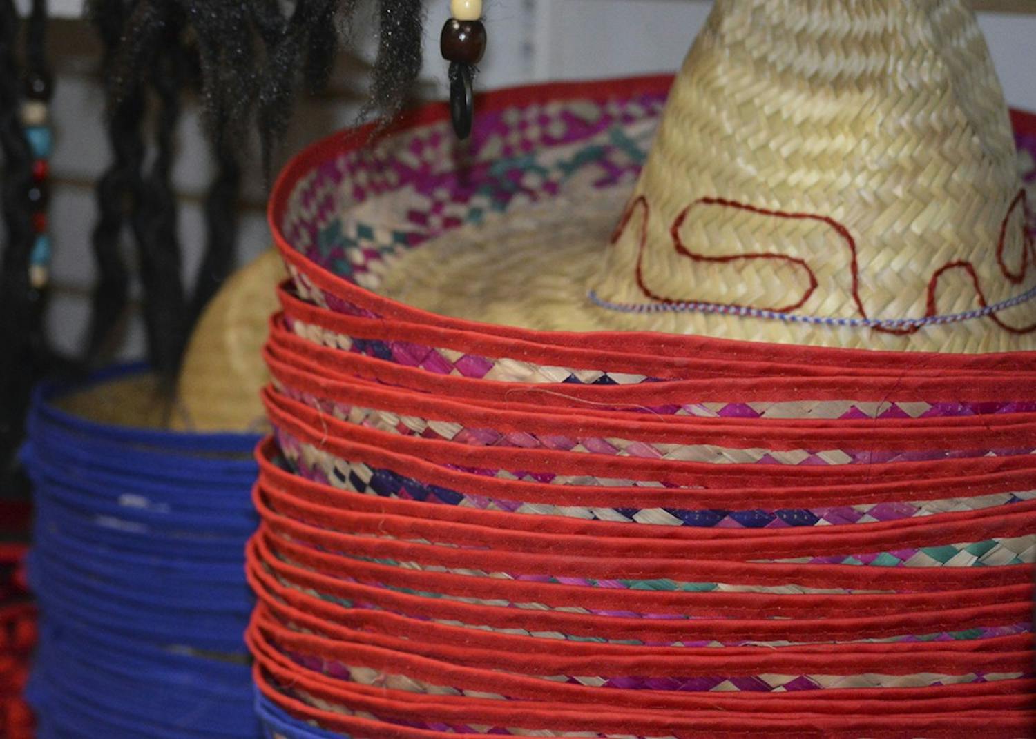 Sombreros sit on shelves along with other hats for Halloween at Campus Costume.&nbsp;