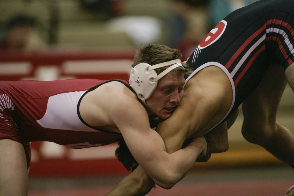 <p>Junior Cole Weaver works an opponent in the 141 lbs. weight class. IU competed in the Big Ten Championships March 3 and 4 in East Lansing, Michigan.&nbsp;</p>