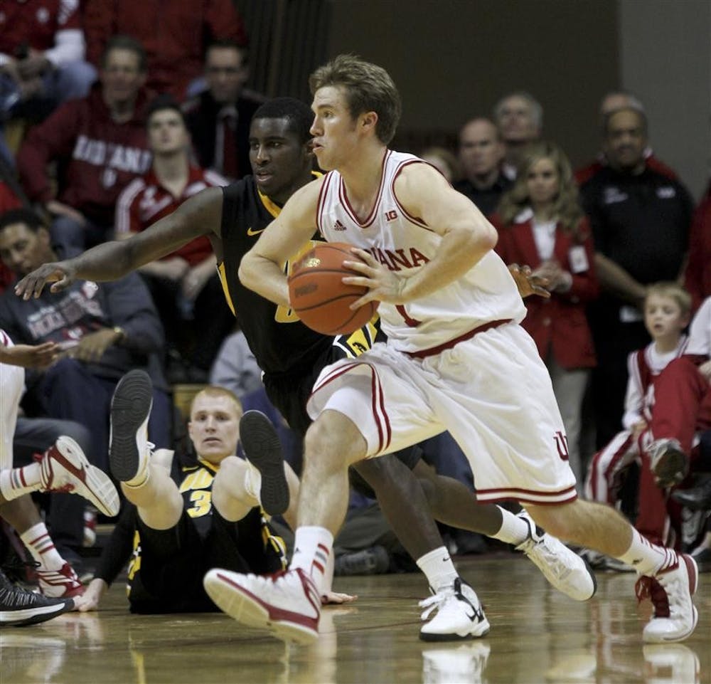 Senior Jordan Hulls passes the ball Saturday during the Hoosier's 73-60 win against Iowa in Assembly Hall.