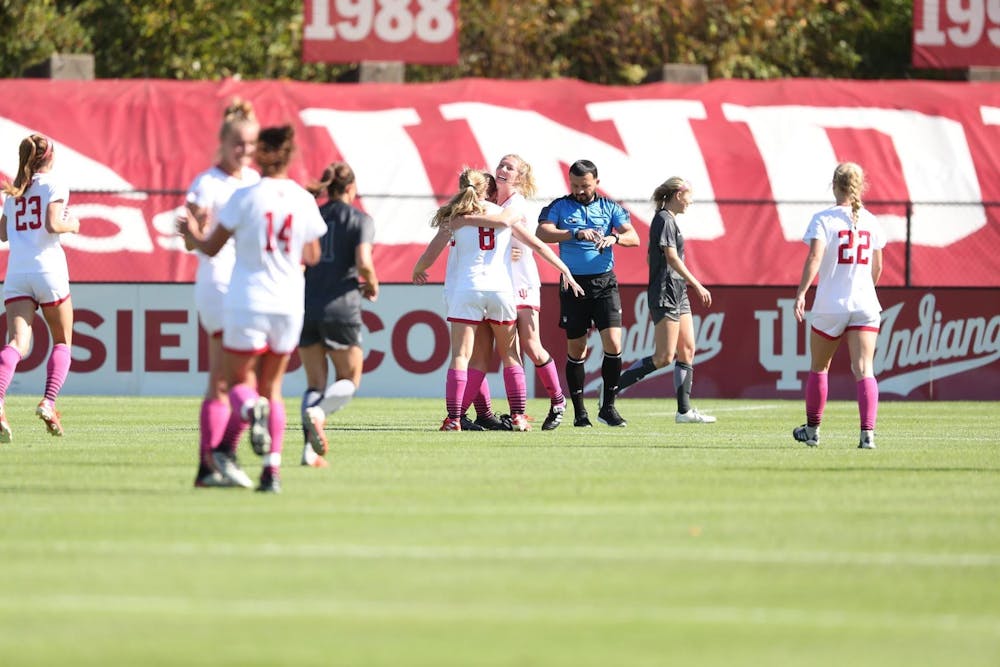 <p>IU women&#x27;s soccer team athletes celebrate on the field Oct. 13, 2019, at Bill Armstrong Stadium. The Hoosiers play Rutgers on Thursday at home. </p>
