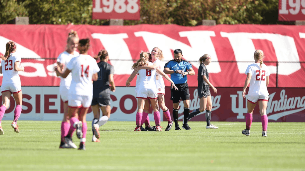 IU women&#x27;s soccer team athletes celebrate on the field Oct. 13, 2019, at Bill Armstrong Stadium. The Hoosiers play Rutgers on Thursday at home. 