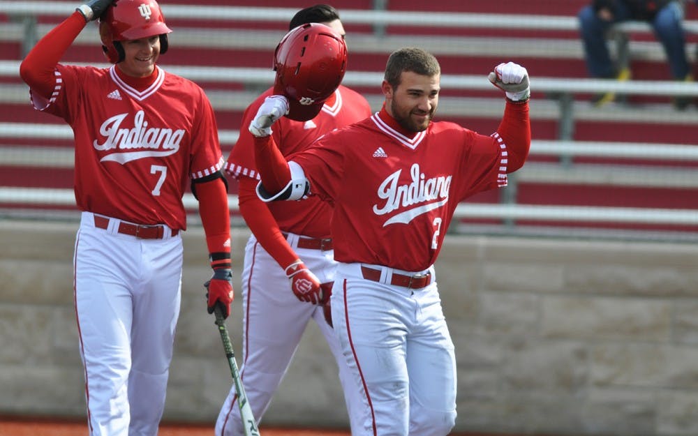 Senior Alex Krupa returns to the dugout after his first career home run on Saturday at Bart Kaufman Field. Krupa’s solo home run led off a 7-run third inning for the Hoosiers, who went on to beat Middle Tennessee 12-1.