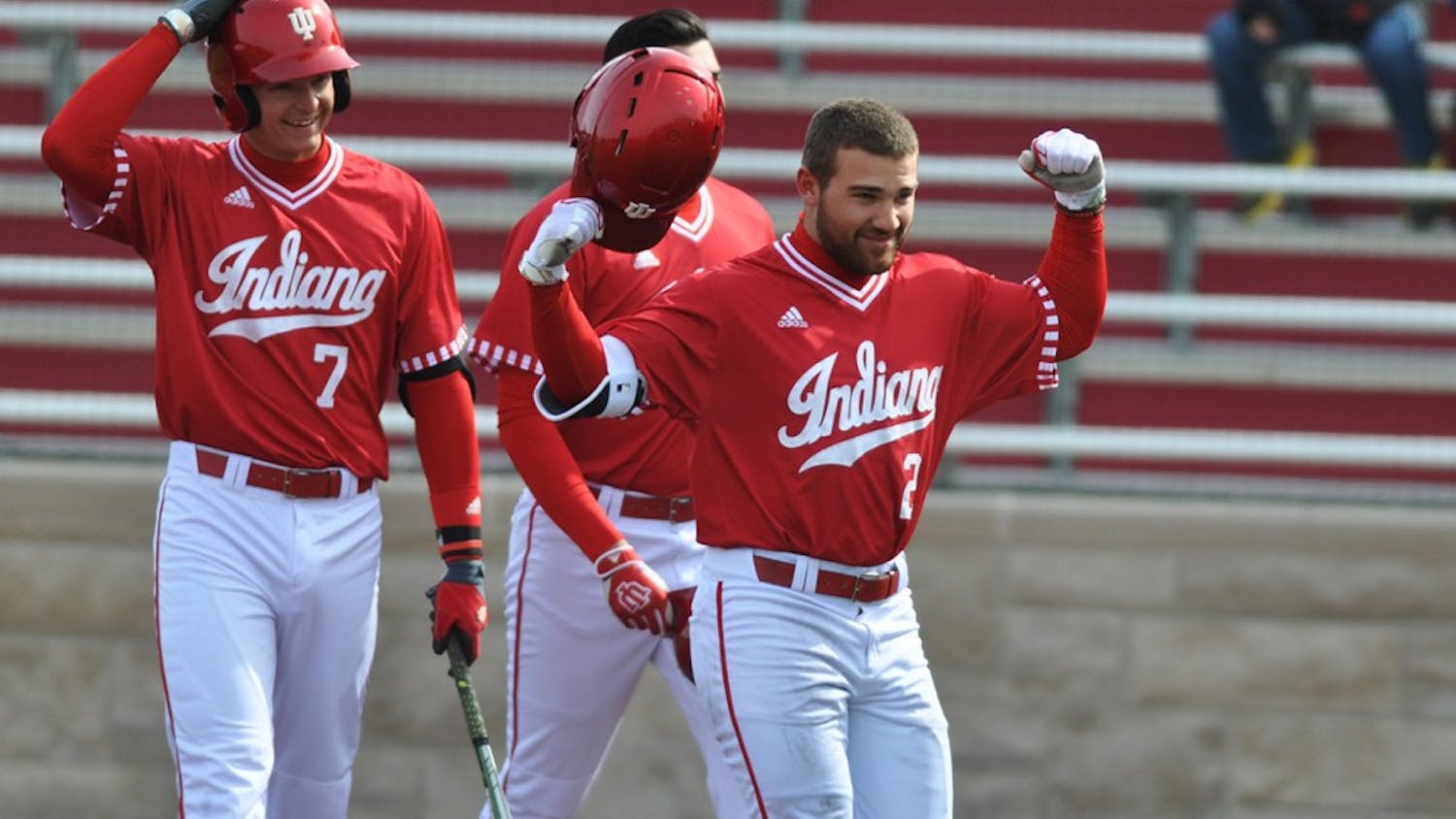 Senior Alex Krupa returns to the dugout after his first career home run on Saturday at Bart Kaufman Field. Krupa’s solo home run led off a 7-run third inning for the Hoosiers, who went on to beat Middle Tennessee 12-1.