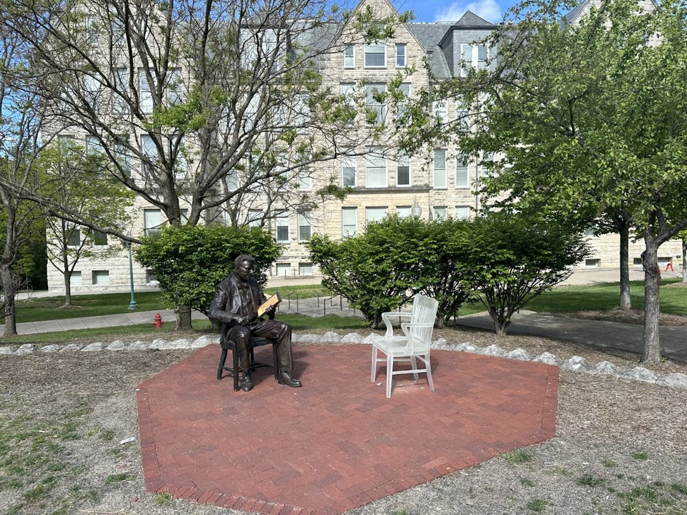 <p>A statue of Alfred Kinsey is seen outside of Lindley Hall on May 2, 2023. Indiana Gov. Eric Holcomb is expected to sign the Indiana budget, effectively banning state funds for the Kinsey Institute. ﻿</p>
