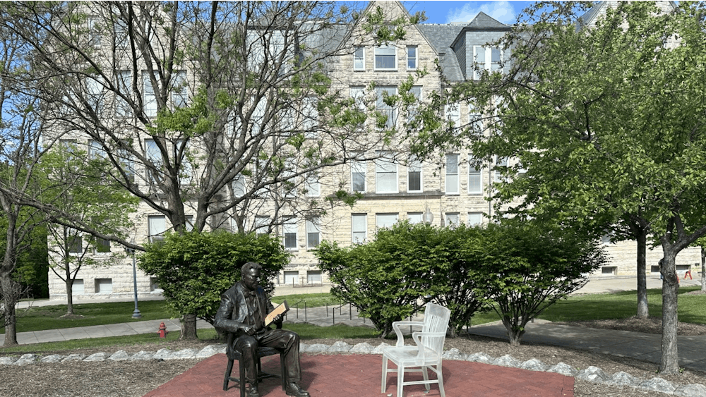 A statue of Alfred Kinsey is seen outside of Lindley Hall on May 2, 2023. Indiana Gov. Eric Holcomb is expected to sign the Indiana budget, effectively banning state funds for the Kinsey Institute. ﻿