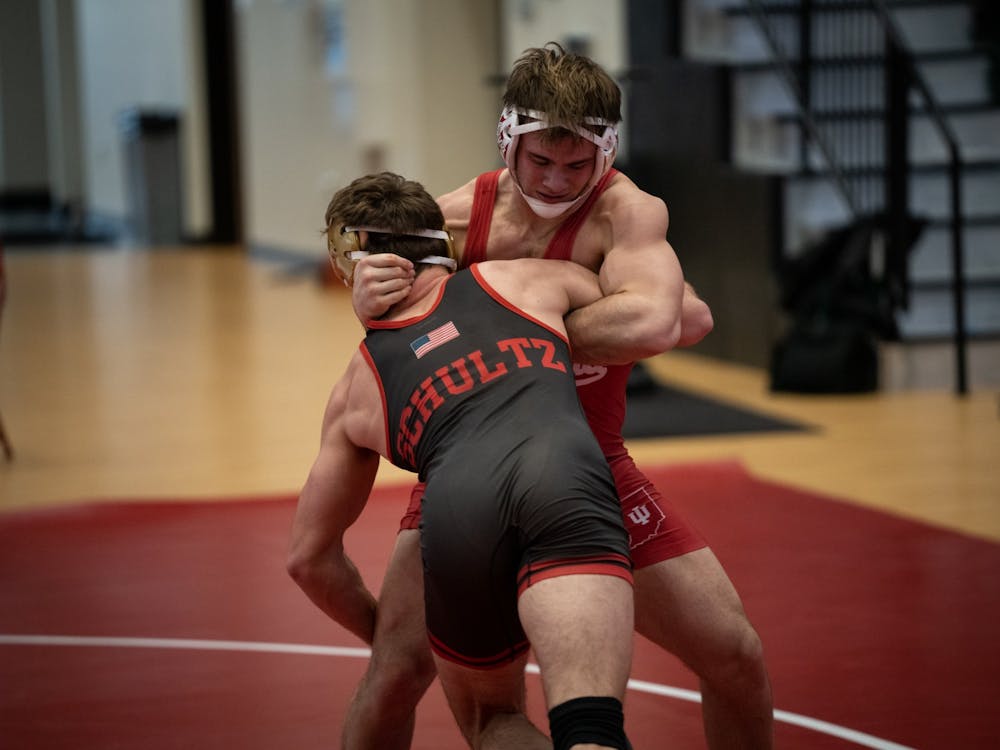 ﻿Then-sophomore Nick Willham defends a take-down attempt Feb. 6, 2021, at Wilkinson Hall. No. 23 Indiana wrestling defeated Chattanooga on the road.