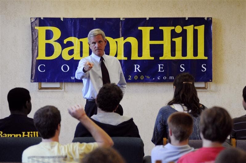 Rep. Baron Hill (D-Ind.) speaks to students on Sunday at Teter Quad on the Indiana University campus in Bloomington, Ind. Hill, a Blue Dog Democrat, is facing former Republican Rep. Mike Sodrel for the fourth time. 