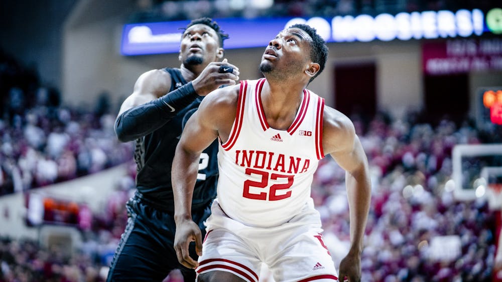 Junior forward Jordan Geronimo looks to grab a rebound Jan. 22, 2023, at Simon Skjodt Assembly Hall in Bloomington, Indiana. Geronimo will not play Saturday against Ohio State.