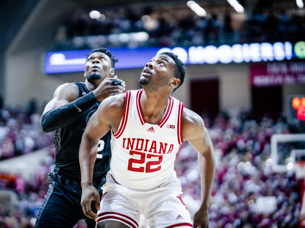 Junior forward Jordan Geronimo looks to grab a rebound Jan. 22, 2023, at Simon Skjodt Assembly Hall in Bloomington, Indiana. Geronimo will not play Saturday against Ohio State.