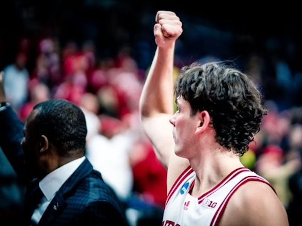 Junior guard Trey Galloway pumps his fist toward the crowd Mar. 17, 2023, at MVP Arena in Albany, New York. Indiana faces Miami (FL) in the second round of the NCAA Tournament Sunday night.