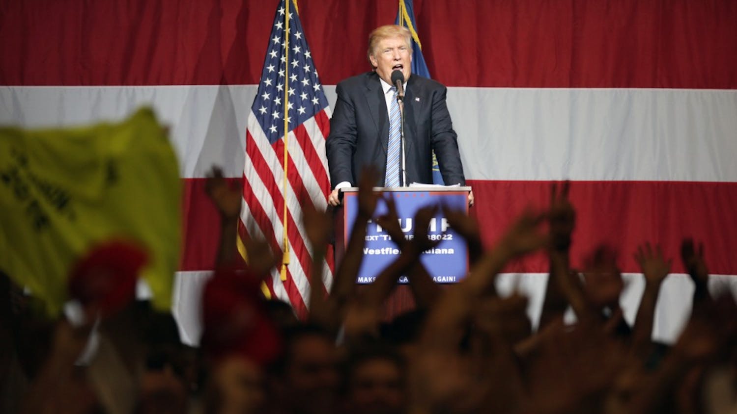 Donald Trump, republican presidential candidate, has his supporters reference the media during a Trump rally in Westfield, Ind. on Tuesday evening.  The media does not show all of his supporters and only focuses on him, Trump said.  "I'm the messenger, you're the important ones in the whole thing," he said.