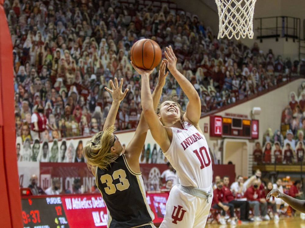 Junior forward Aleksa Gulbe attempts a layup March 6 at Simon Skjodt Assembly Hall. Gulbe had 11 points and 10 rebounds in IU&#x27;s 73-70 win over NC State on Saturday in San Antonio.