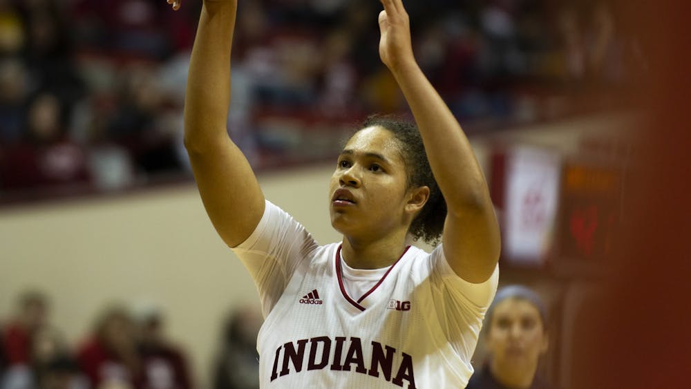 Junior Jaelynn Penn watches her shot Dec. 7 in the game against the University of North Florida in Simon Skjodt Assembly Hall. The IU women&#x27;s basketball team is now ranked No. 12 in the nation in the AP poll.