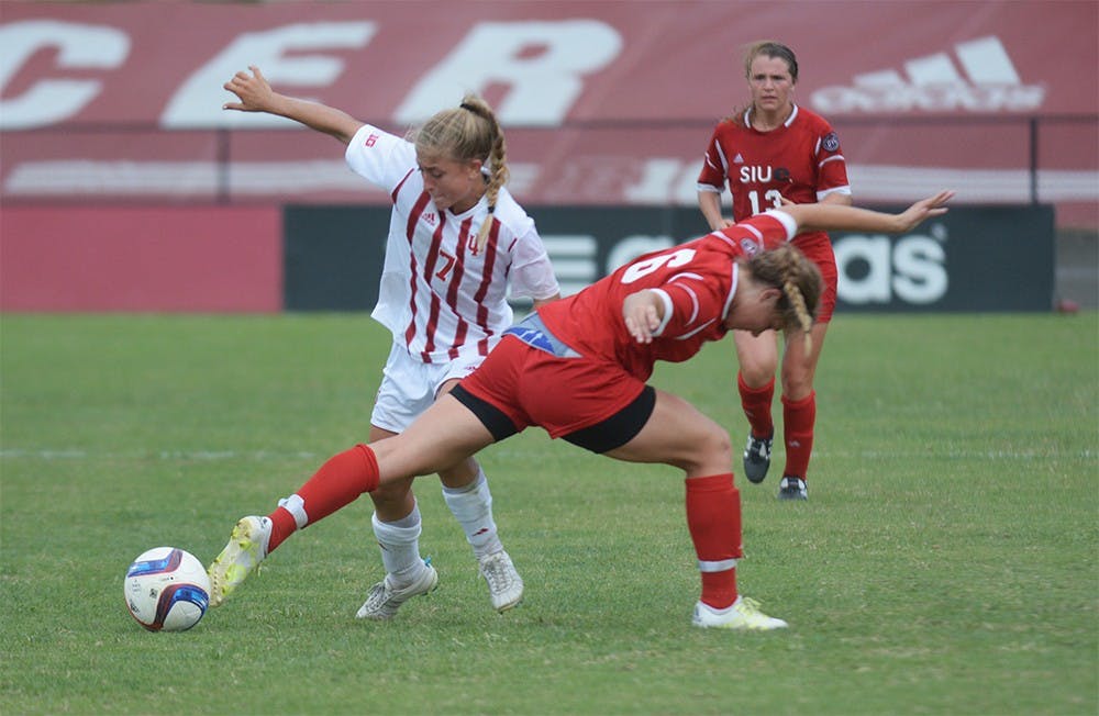 Sophomore forward Kayla Smith plays against SIUE Cougars at Bill Armstrong stadium on Sunday. IU tied the game 0-0.  