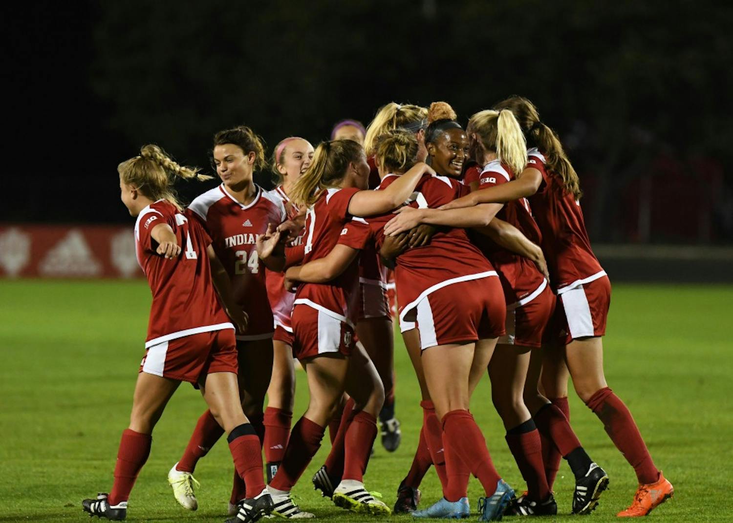 IU celebrates after junior forward Maya Piper scores her seventh goal of the season against Iowa on Oct. 12 at Bill Armstrong Stadium. Former IU women's soccer associate head coach Sergio Gonzalez left the program Tuesday to become an associate head coach with the Ohio State men's soccer team.