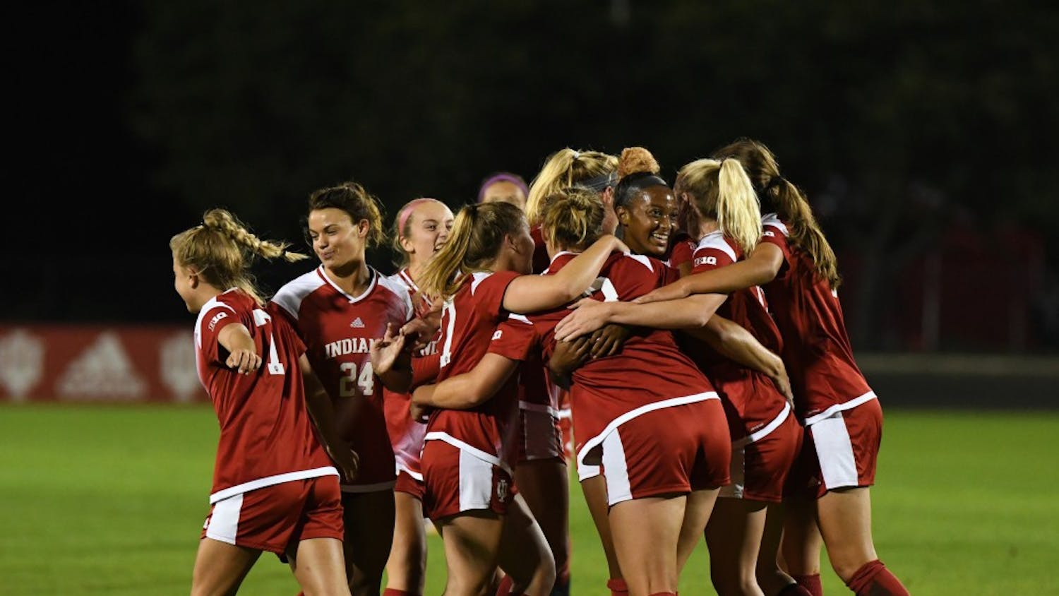 IU celebrates after junior forward Maya Piper scores her seventh goal of the season against Iowa on Oct. 12 at Bill Armstrong Stadium. Former IU women's soccer associate head coach Sergio Gonzalez left the program Tuesday to become an associate head coach with the Ohio State men's soccer team.