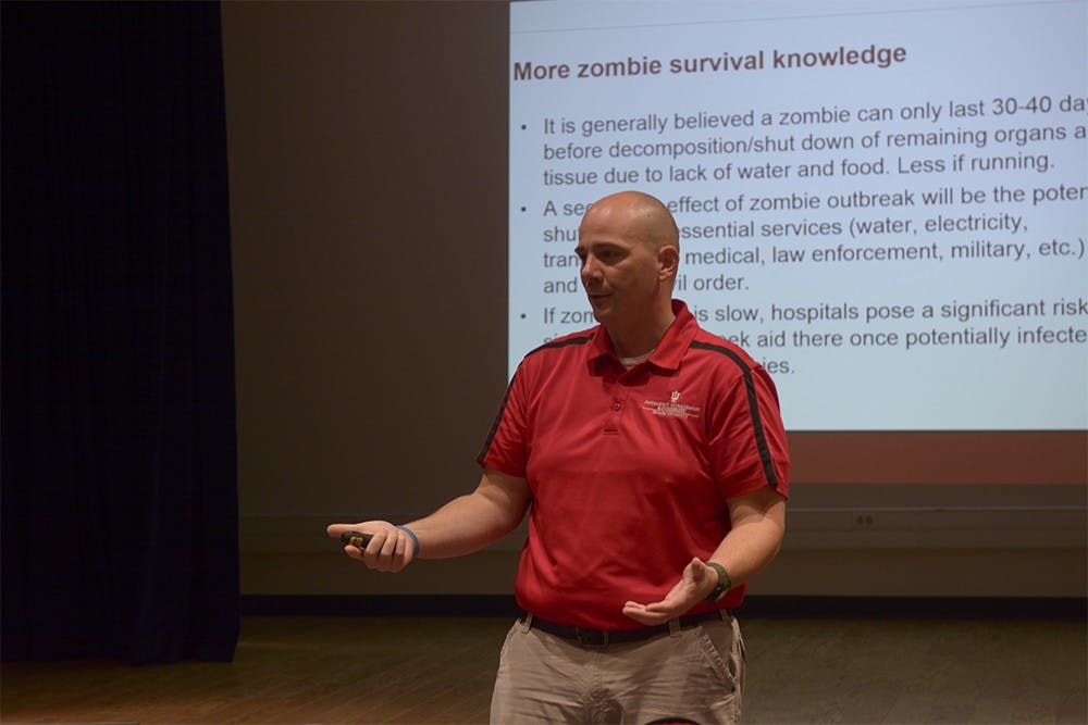 A Zombie-themed emergency preparedness presentation was led by John Summerlot on Tuesday evening at Read residence hall to prepare students for emergency situations. 