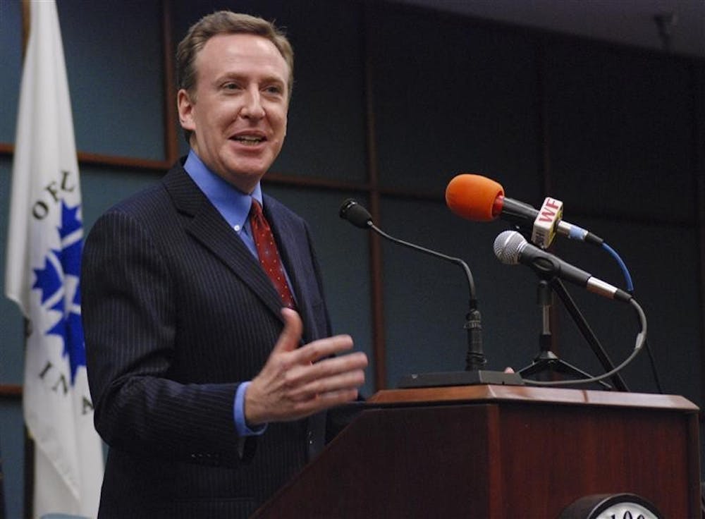 Mayor Mark Kruzan gives the State of the City address Wednesday evening in the Council Chambers of City Hall. Kruzan announced several increases in funding, including a $950,000 appropriation obtained by Rep. Baron Hill, D-9th, and a $1.8 million appropriation from the federal stimulus package.