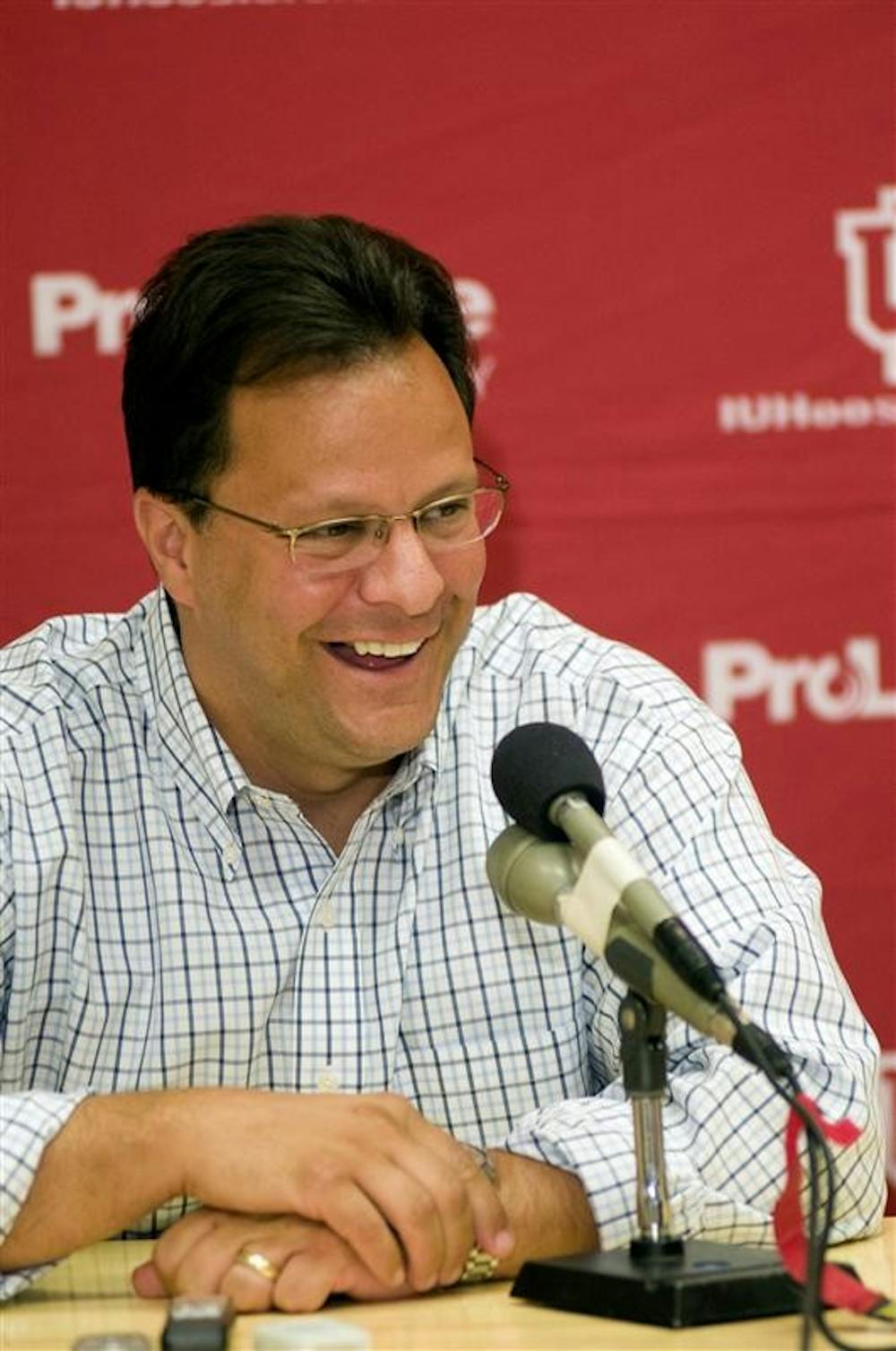 IU men's basketball coach Tom Crean speaks during a press conference Wednesday at Assembly Hall. Crean said the coaching staff is in a "state of paranoia" when it comes to calling recruits.