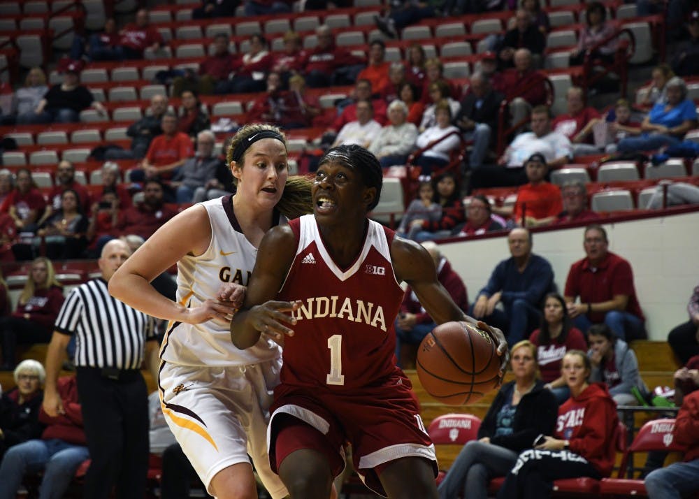 Freshman guard Bendu Yeaney drives to the basket against Gannon University Monday evening at Simon Skjodt Assembly Hall. Yeaney had ten points and six rebounds in IU's 82-38 win over Gannon.