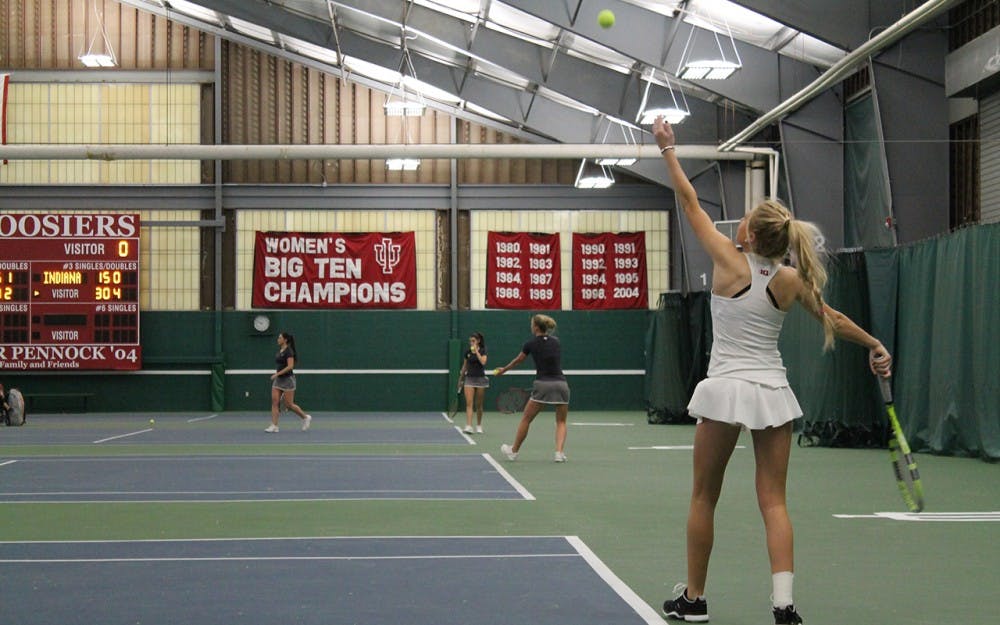 Sophomore&nbsp;Madison Appel&nbsp;serves in a doubles match against Washington State. After missing a match due to illness, Appel returned against Tennessee in the Hoosiers' 5-0 loss.