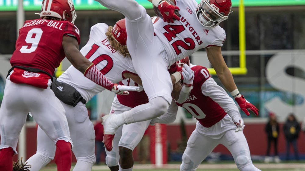 IU senior defensive back Marcelino McCrary-Ball tackles a Rutgers ball carrier during the game Nov. 13, 2021, at Memorial Stadium. Indiana lost to Rutgers University 38-3.