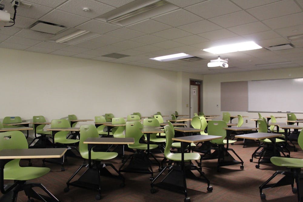 <p>An empty classroom is seen Nov. 10, 2022, in Forest Residence Center.</p>