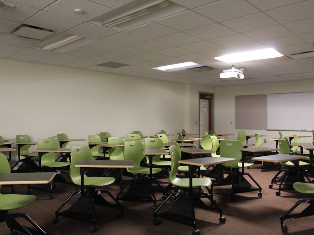 An empty classroom is seen Nov. 10, 2022, in Forest Residence Center.