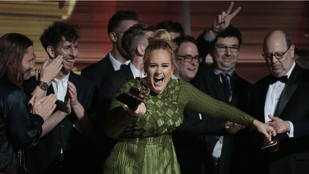 Adele on stage after winning Album of the Year for ''25'' during the 59th Annual Grammy Awards at Staples Center in Los Angeles on Sunday, Feb. 12, 2017. (Robert Gauthier/Los Angeles Times/TNS)