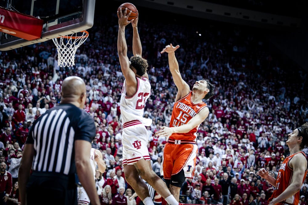 <p>Senior forward Trayce Jackson-Davis dunks in the final seconds Feb. 18, 2023, at Simon Skjodt Assembly Hall in Bloomington. Indiana beat Illinois 71-68.</p>
