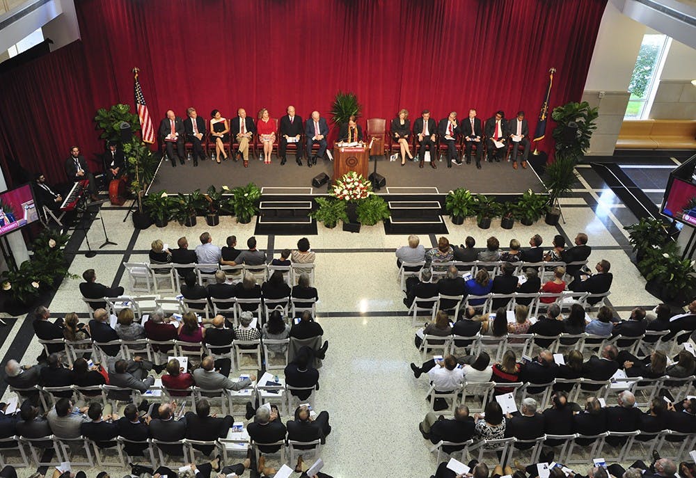 Lauren Robel, Executive Vice President of Indiana University, welcomes the crowd to the dedication ceremony for the Hodge Hall Undergraduate Center on Friday.