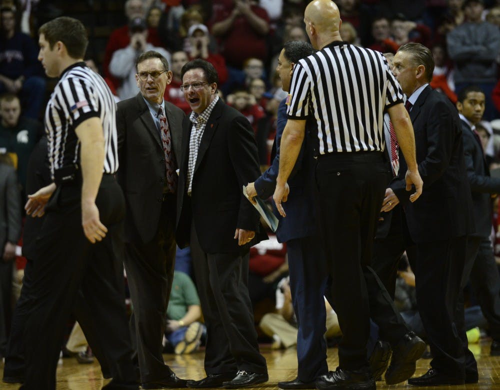 Head coach Tom Crean argues a no-call by the referees at the end of the first half of IU's game against Michigan State on Saturday at Assembly Hall.