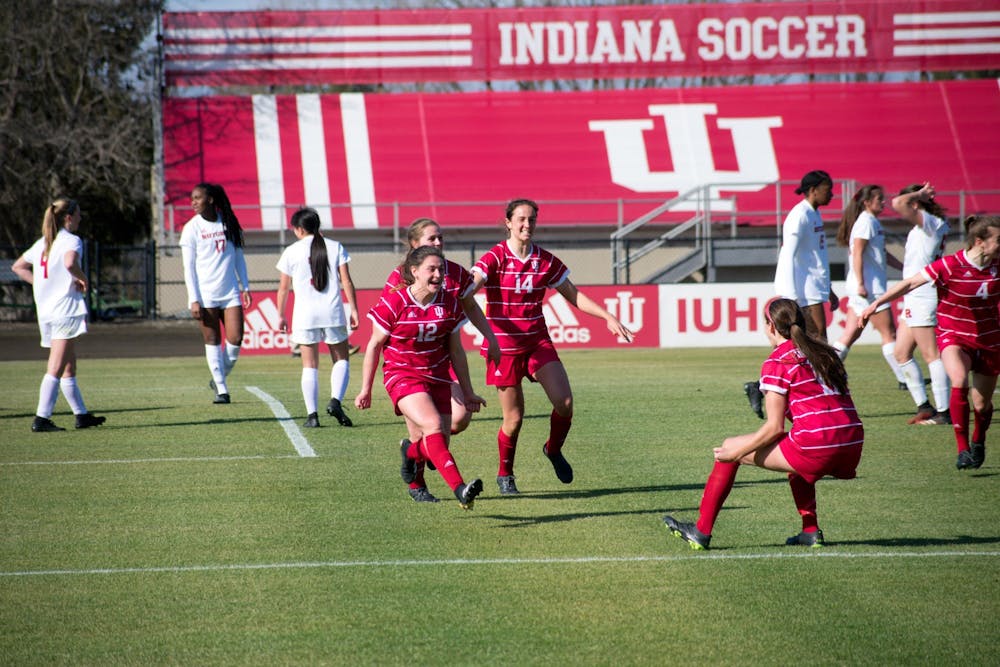 <p>IU women&#x27;s soccer players celebrate during their game against Rutgers on Feb. 25, 2021. IU will face Ball State University for the first time since 2015 after that game ended in a 1-1 draw.</p>
