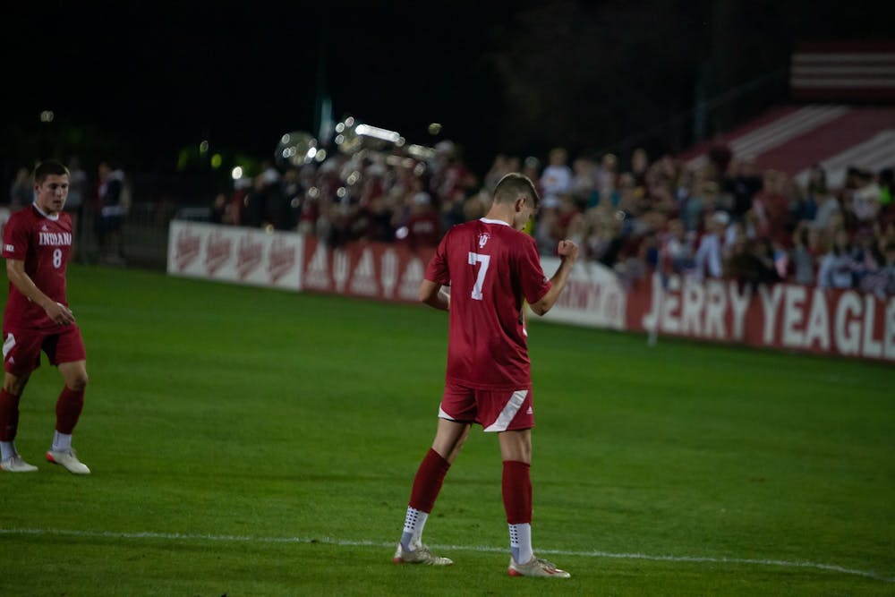 <p>Junior forward Victor Bezerra celebrates after scoring the first goal of the match Oct. 20, 2021, at Bill Armstrong Stadium. Indiana defeated Evansville 2-0.</p>