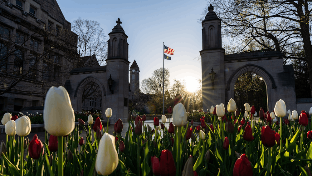 Tulips bloom at sunrise April 21 in front of the Sample Gates. 