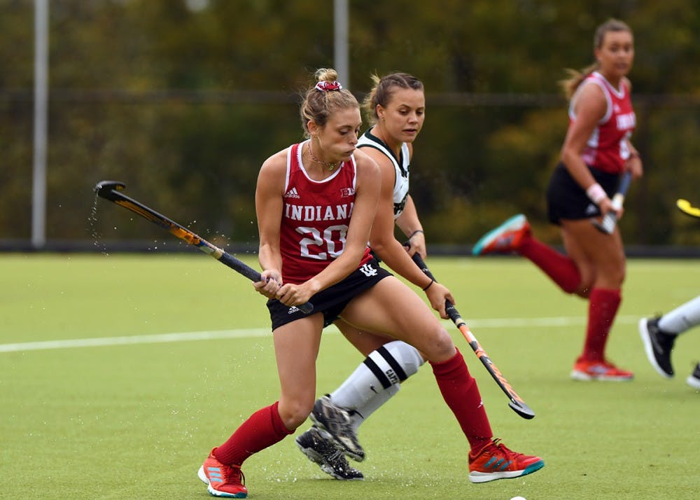 <p>Senior forward Maddie Latino takes a shot against Michigan State on Oct. 15 at the IU Field Hockey Complex. Latino scored the final goal for IU this season in a loss to Ohio State.</p>