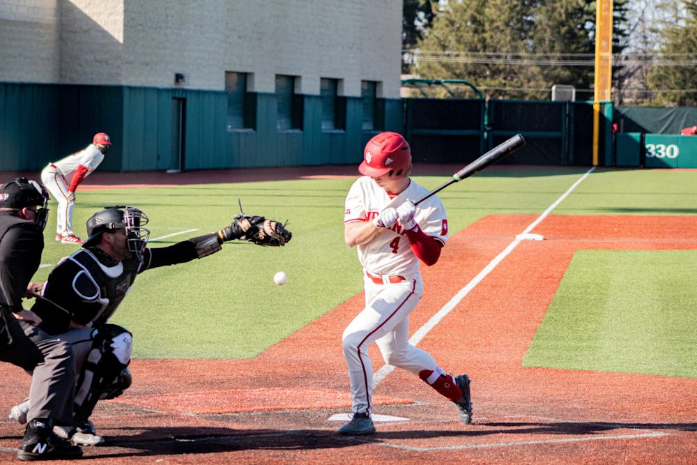 <p>Freshman outfielder Hunter Jessee is hit by a pitch Saturday at Bart Kaufman Field. The Hoosiers won two of three games against the Purdue Boilermakers this weekend.</p>
