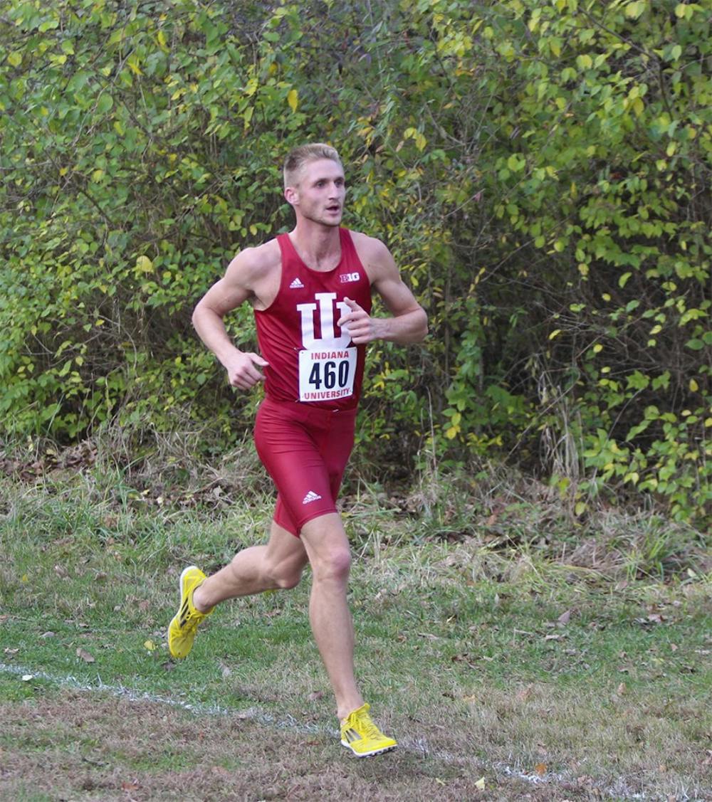 Red-shirt senior Josh Roche finishes third with a time of  25:27.0 in the men's 8K during the Hoosier Inivtational Friday afternoon at the IU Championship Cross Country Course. The next meet for the Hoosiers is on November 13 in Madison, Wis. 