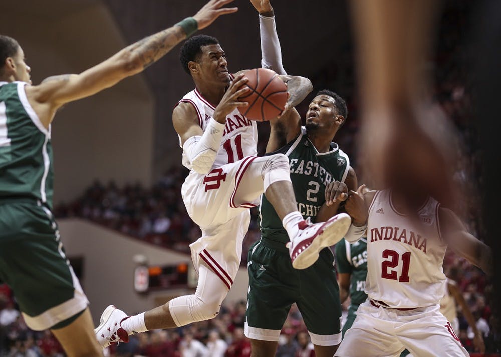 Then-sophomore, now junior guard Devonte Green charges the basket and attempts a layup during the Hoosiers' game against the Eastern Michigan Eagles on Nov. 24, 2017, at Simon Skjodt Assembly Hall.&nbsp;