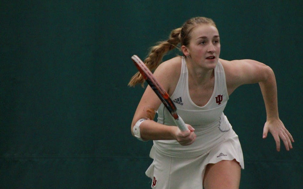 Kim Schmider races to return a ball in a singles match against the Kentucky Wildcats in February. After battling illness the last few weeks, Schmider expects to be fully healthy&nbsp;against West Virginia and Southern Illinois-Carbondale this weekend.